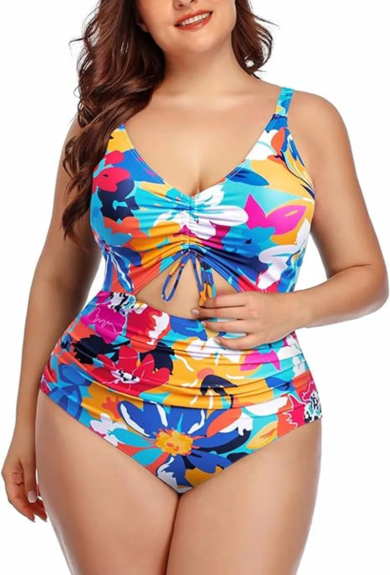 One Piece Floral Printed Women Swimsuits Cutout Tummy