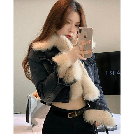 Gidyq Patchwork Fur Collar Denim Jacket Women Y2K