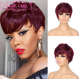 J Burgundy Short Pixie Cut Wigs With Bangs