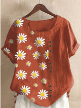 Daisy-Print Cotton Linen Shirt Casual Summer Women O-Neck