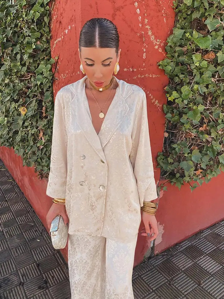 Vintage Print Blazer Pants Suits For Women Double