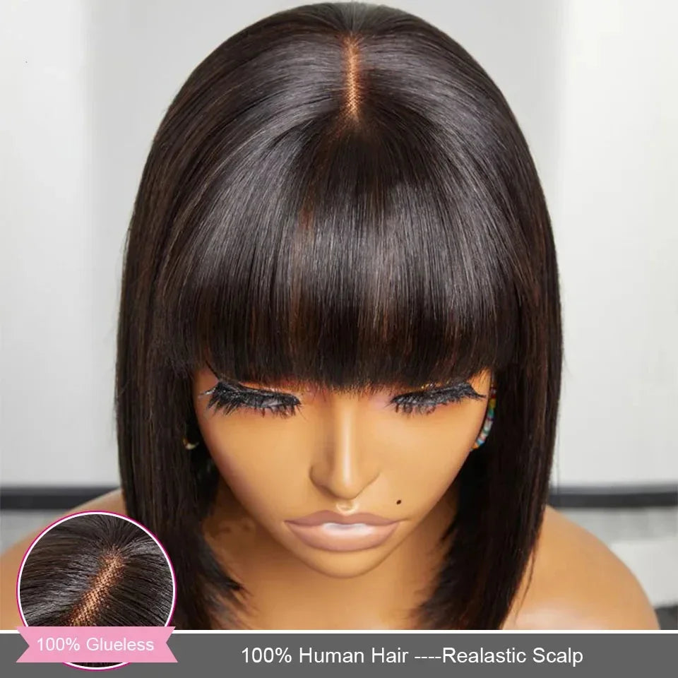 Glueless Straight Human Hair Wigs With Bangs Fringe