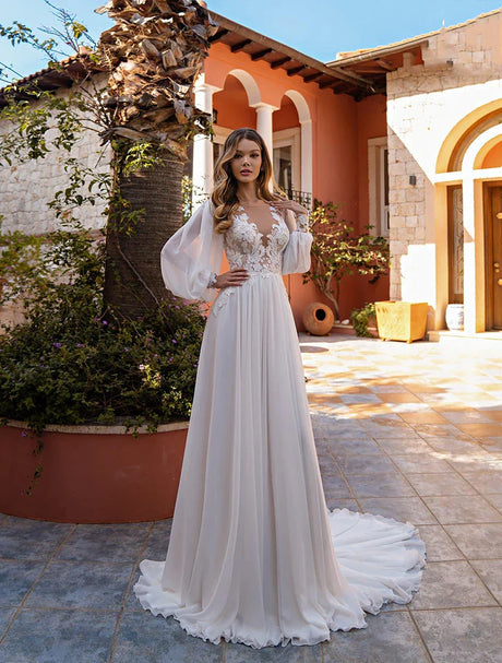 Sevintage Chiffon Long Puff Sleeves Wedding Dress Boho