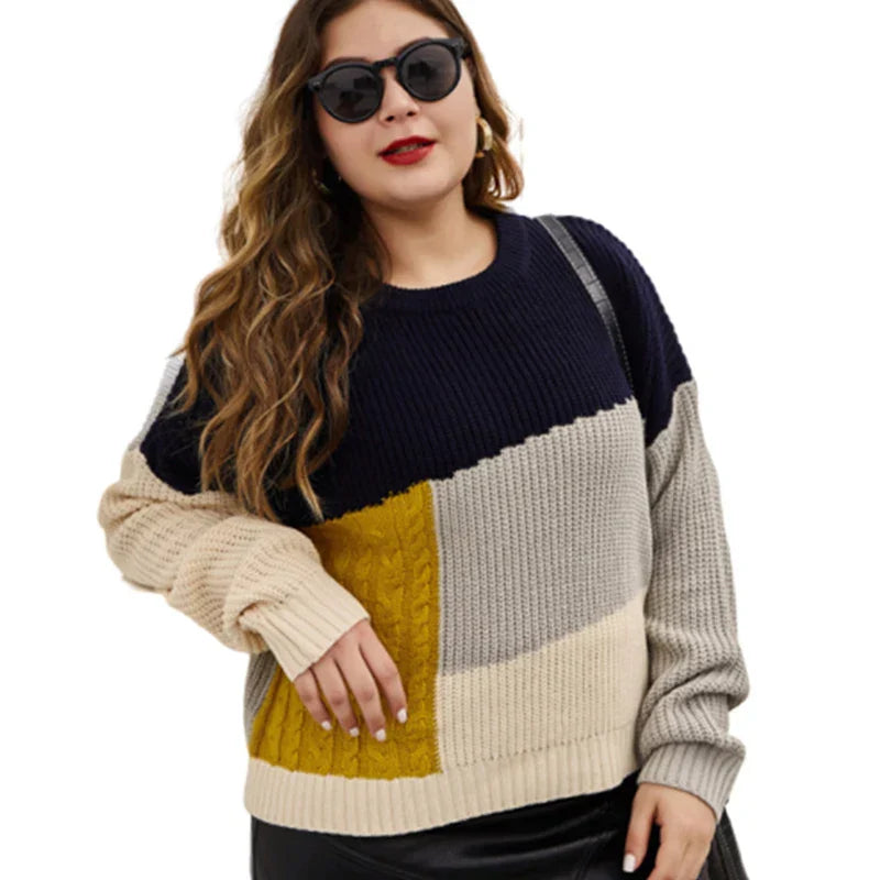 Autumn Winter Oversized Patchwork Knitting Sweater Female Casual