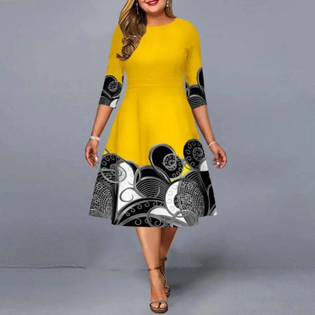 Dress For Women Elegant Yellow Print Midi A-Line