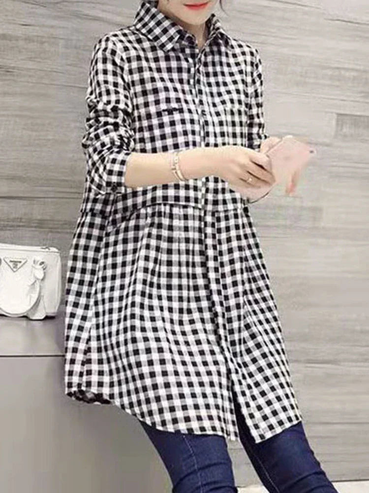 New Korean Fashion Blouses Plaid Button Solid Midi