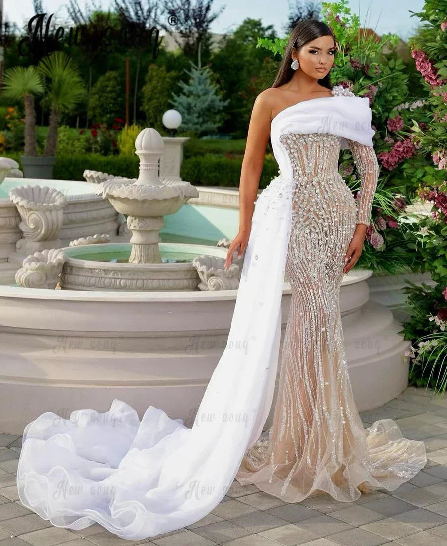 Gorgeous Pearls Beaded Party Dress Off Shoulder Side