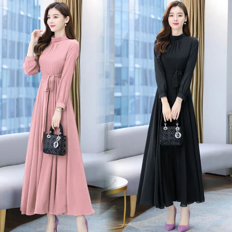 Spring Autumn Women Maxi Dresses Female Vintage Full