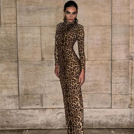 Sexy Leopard Print Dress Women Long Sleeve Turtleneck