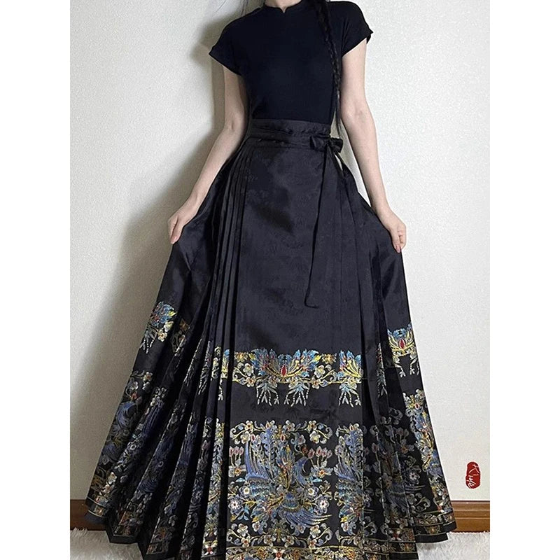 Chinese Style Traditional Pleated Skirt For Women Black