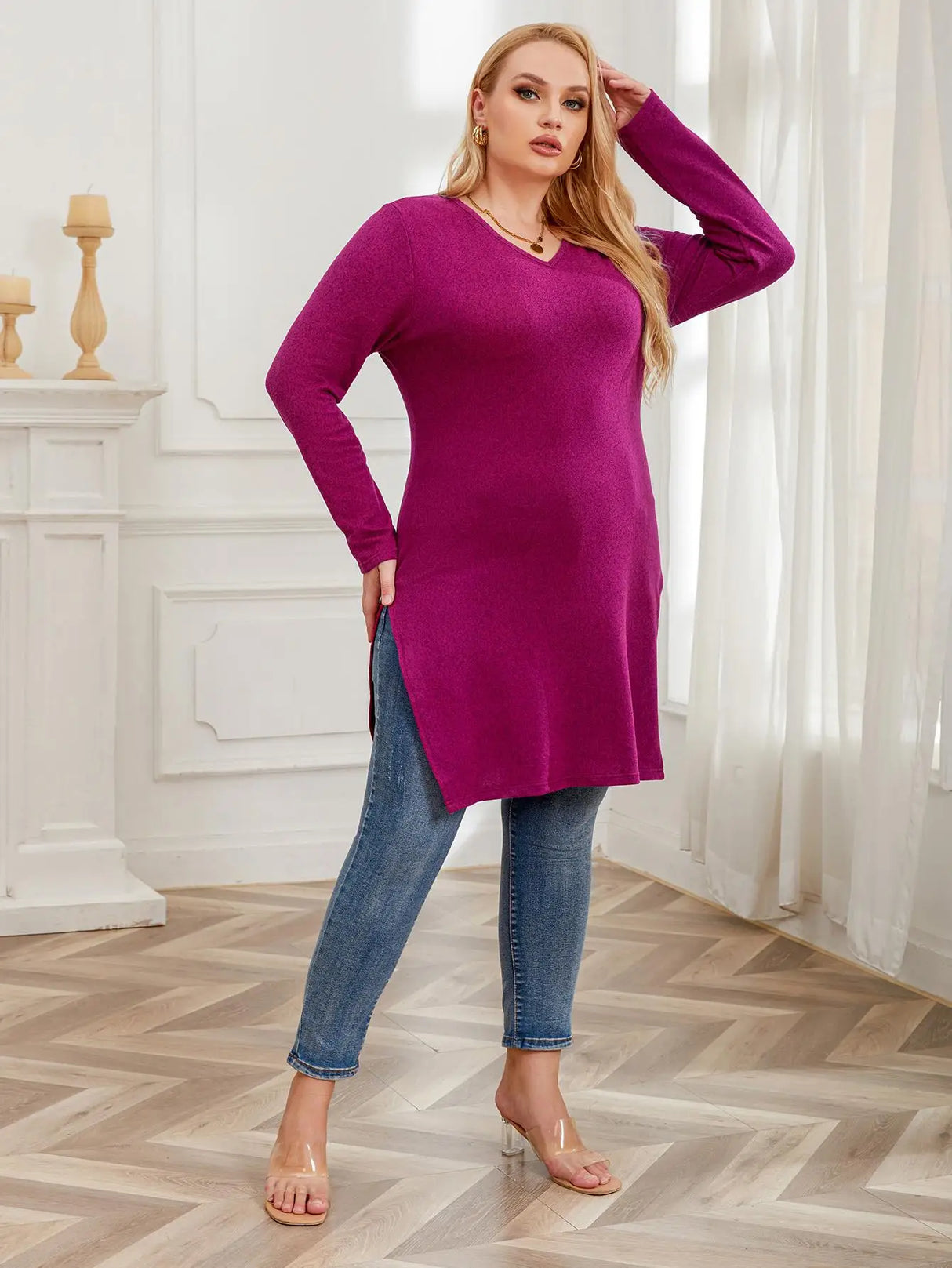 Women Sweaters Side Split Top Knitted Solid Color