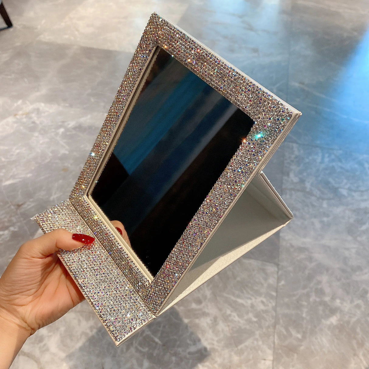 Diamond-Encrusted HD Folding Mirror with Glitter Powder Leather