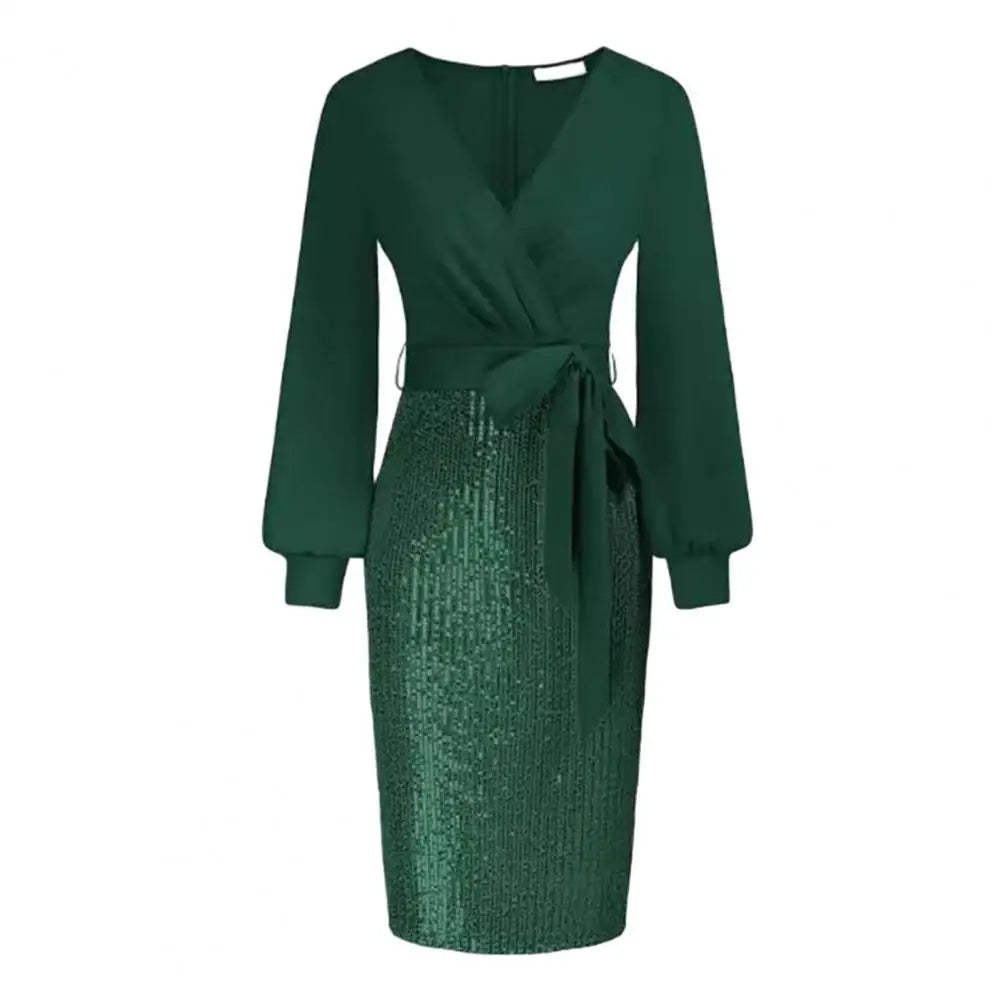 Women V-Neck Dress Stunning Sequin Splicing Bodycon Dress