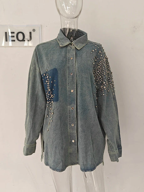 Ieqj Diamonds Patchwork Denim Jackets For Women Lapel