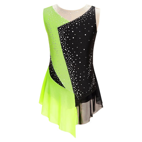 Kids Girls Figure Skating Dress Shiny Rhinestone Sheer