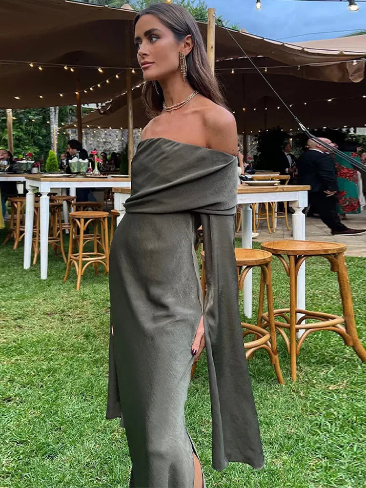 Elegant Solid Off Shoulder Midi Dress Women Chic