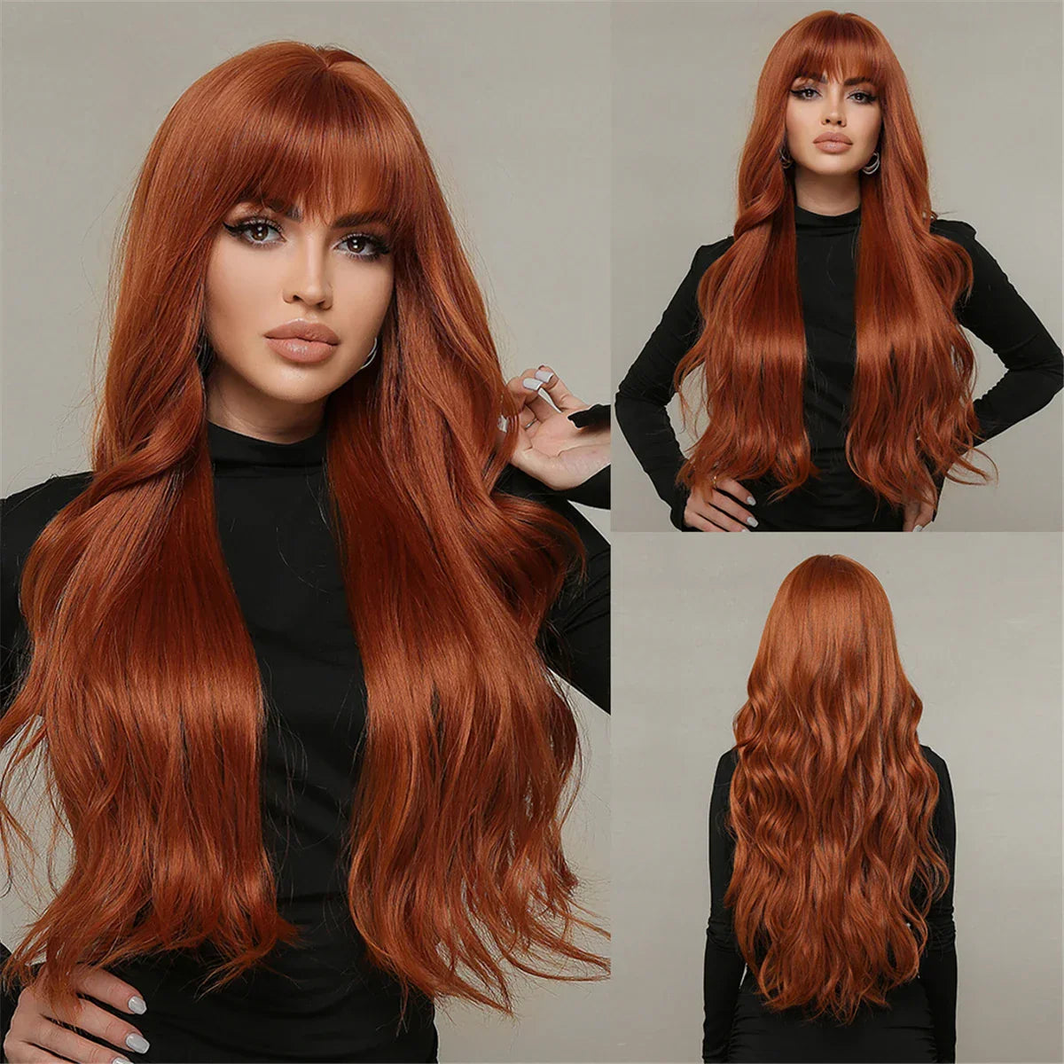 Copper Ginger Brown Wigs With Bangs Natural Synthetic