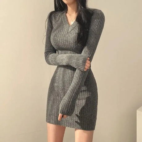 Women Knit Slim Sexy Bodycon Dress V-Neck Long