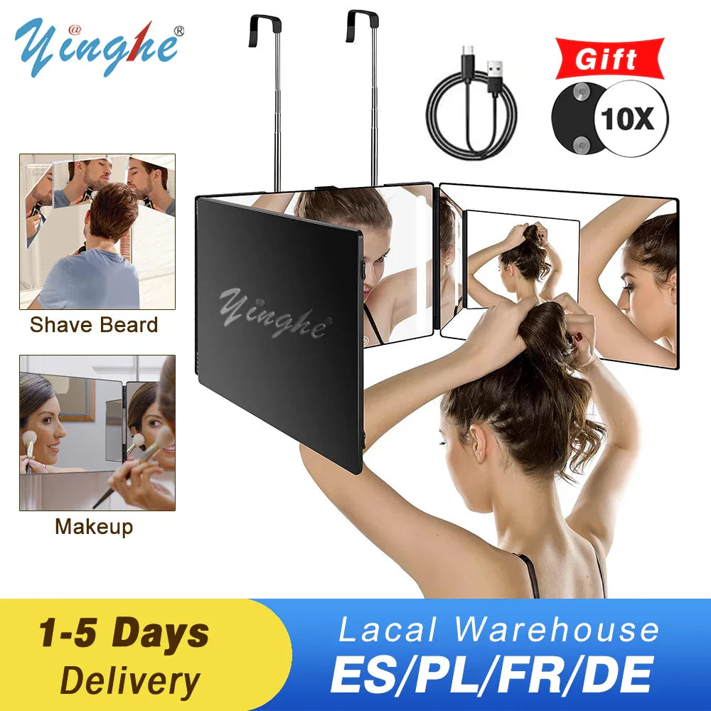 360° LED Trifold Self Haircut Mirror, Adjustable & Rechargeable