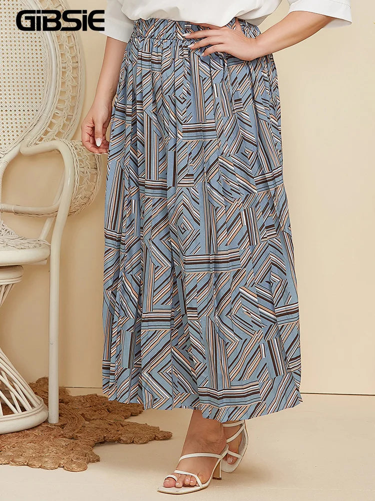 Gibsie Plus Geometric Print Pleated Maxi Long Skirts