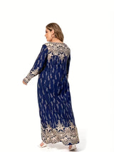 Plus Size Ethnic Print Long Dress - Spring & Summer Round Neck