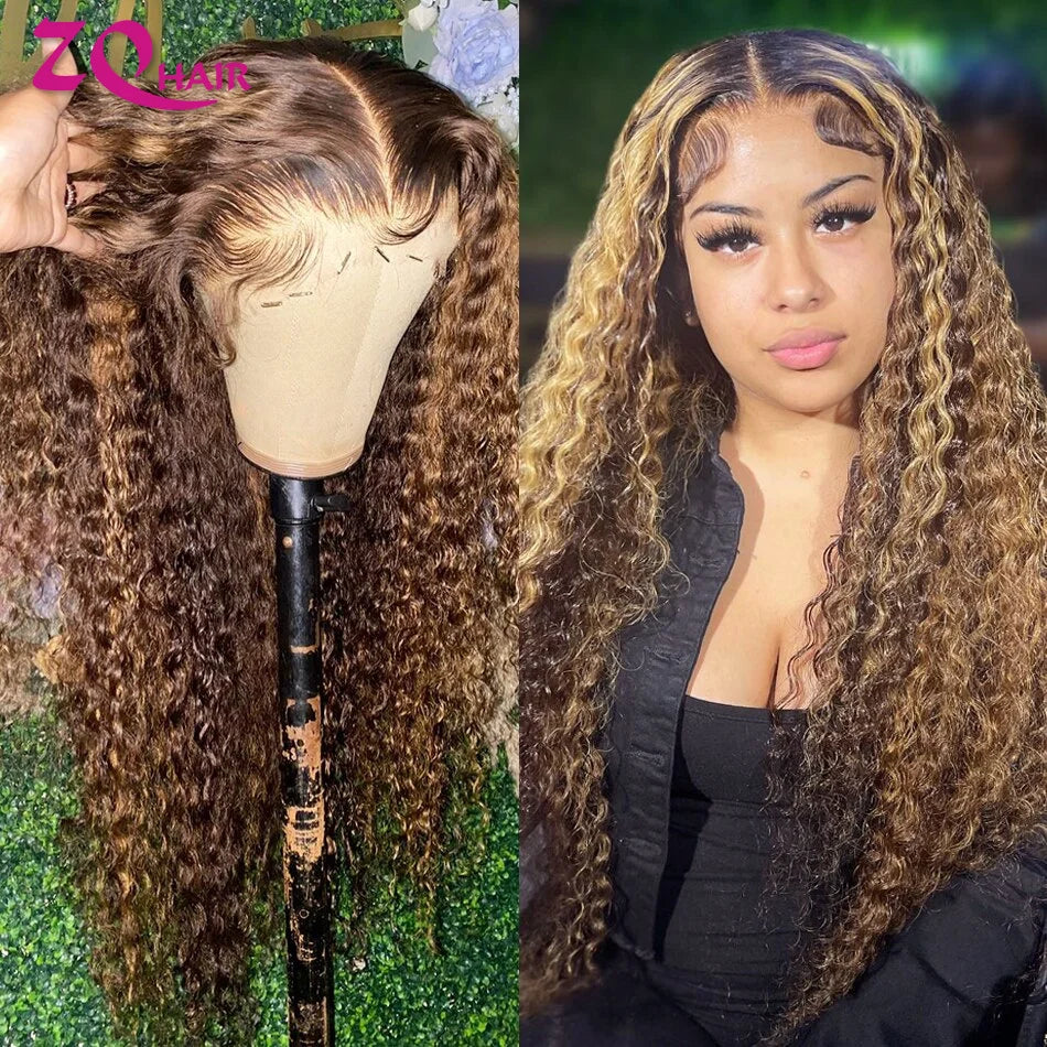 Glueless Highlight Wig Human Hair Curly Ombre Honey