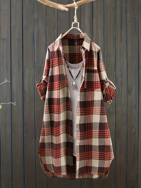 Women' Casual Plaid Button Print Long Sleeve Shirt