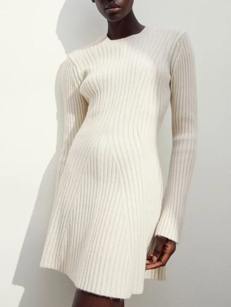 Ribbed Knitted Long Flare Sleeved Mini Dress Half