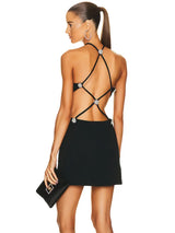 Women Summer Fashion Sexy Backless Pearl Crystal Black