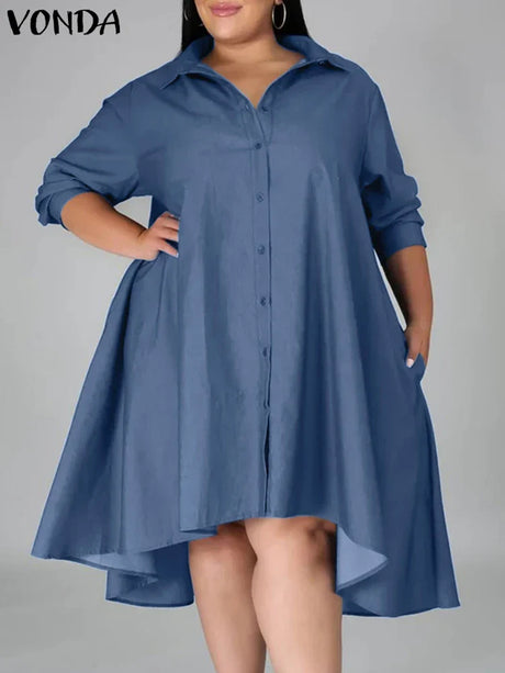 5Xl Vonda Women Vintage Shirt Dress Autumn Denim