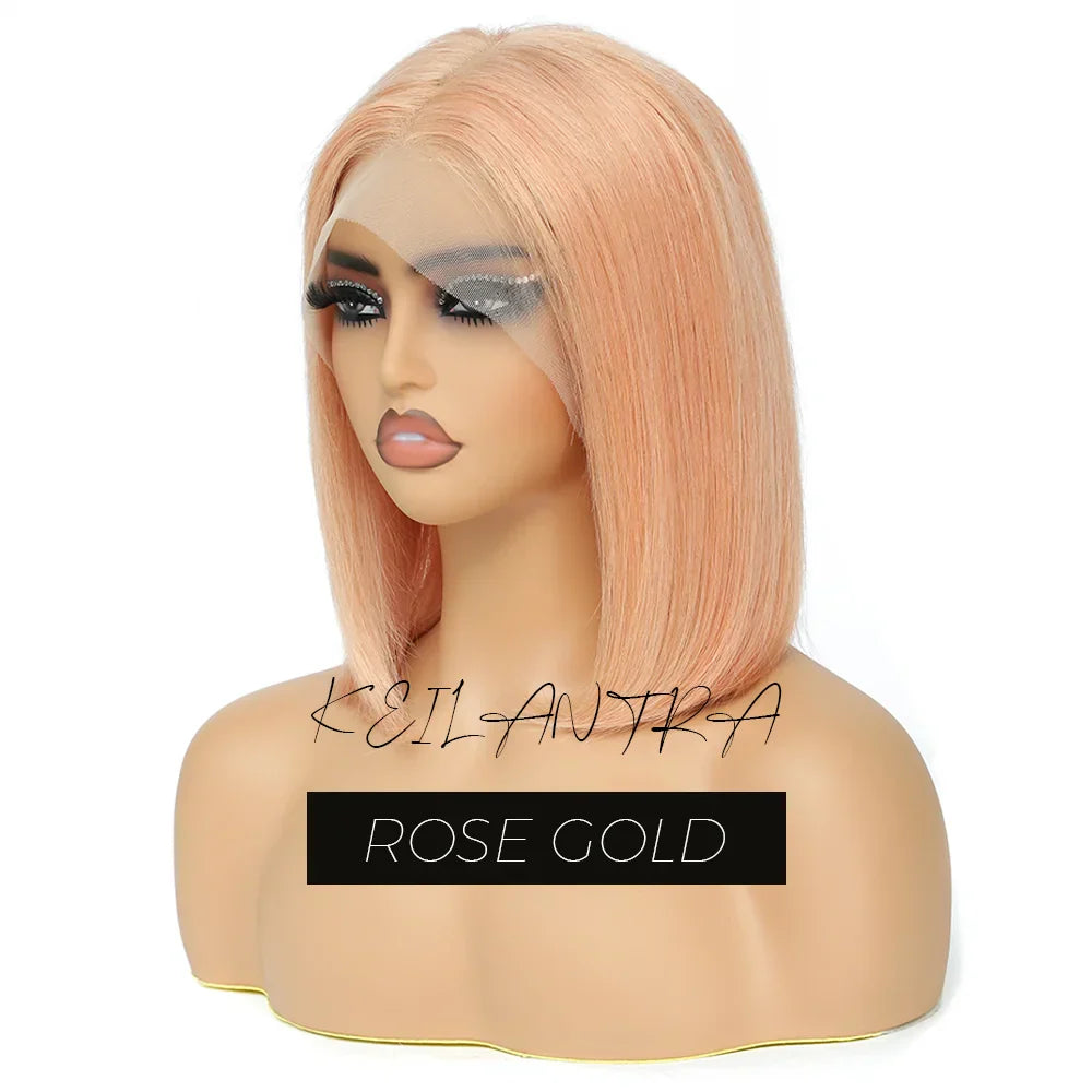 Rose Pink Short Colored Bob Human Hair Wigs