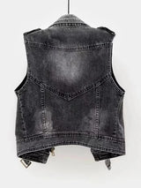 Gray Jean Cowboy Waistcoat Hole Denim Women Vest