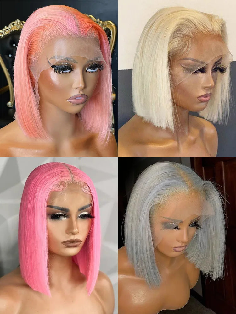 Rose Pink Short Colored Bob Human Hair Wigs