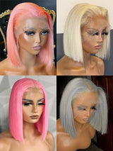 Rose Pink Short Colored Bob Human Hair Wigs