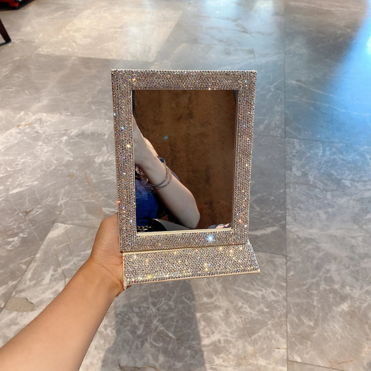 Diamond-Encrusted HD Folding Mirror with Glitter Powder Leather