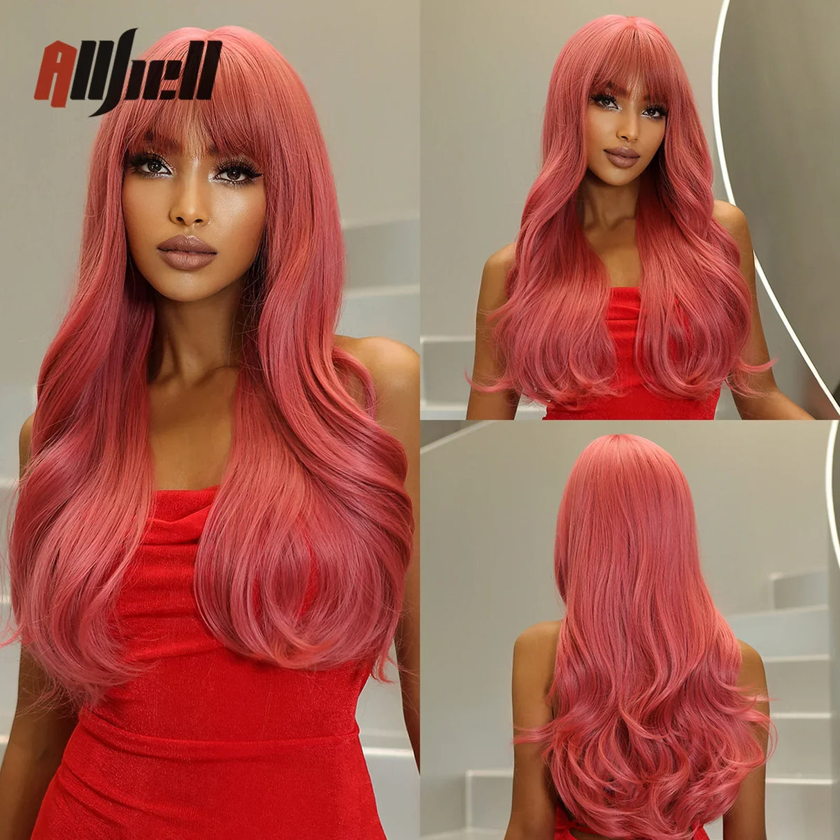 Copper Ginger Brown Wigs With Bangs Natural Synthetic