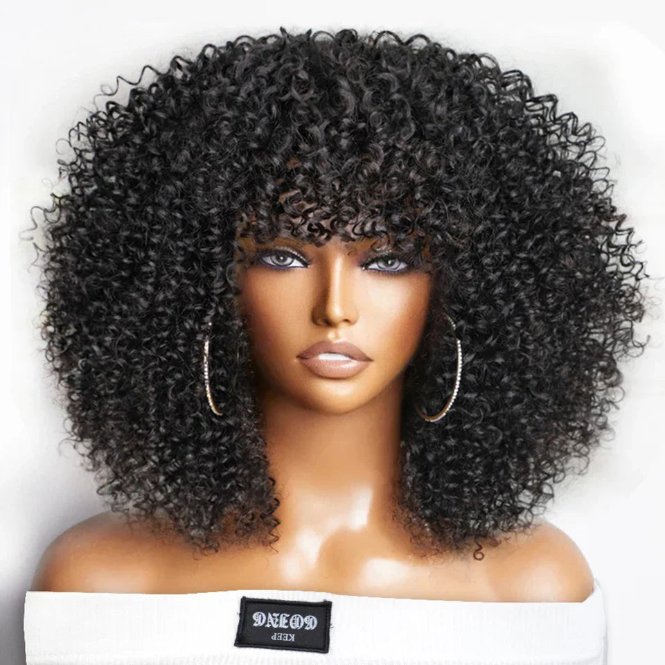 Short Afro Kinky Curly Wig With Bangs Brazilian