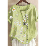 Daisy-Print Cotton Linen Shirt Casual Summer Women O-Neck