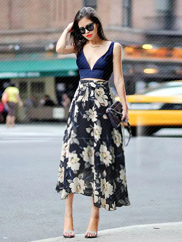 Print Floral Skirt Women Summer Loose Elastic High