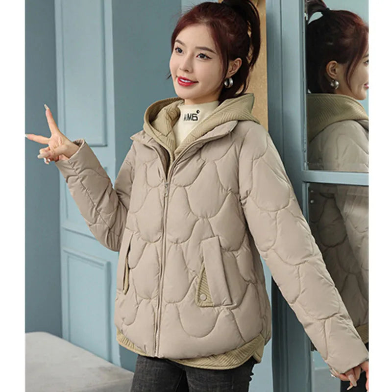 Hooded Parka Fake Two-Piece Down Cotton Clothes Women