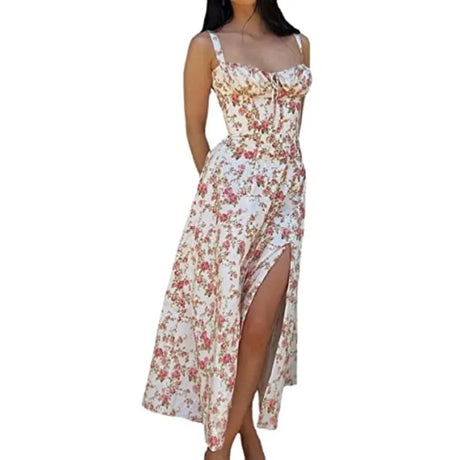 Women Summer Boho Spaghetti Straps Split Thigh Midi