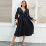 Women Dress V Neck Long Sleeves Robe Waist