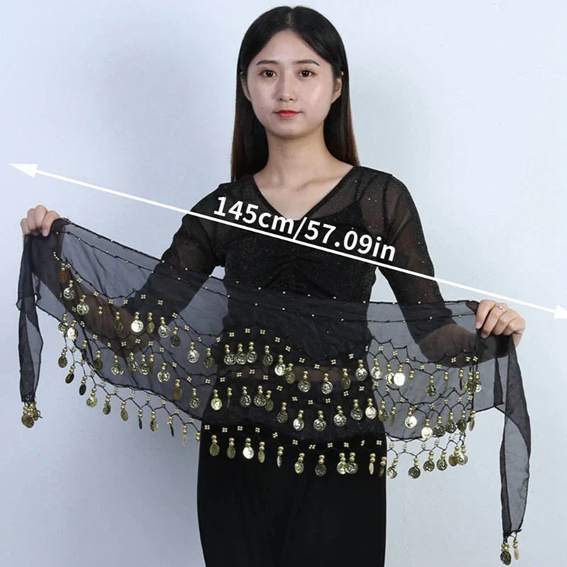 Sexy Women Belly Dance Chiffon Skirt Gold Sequins