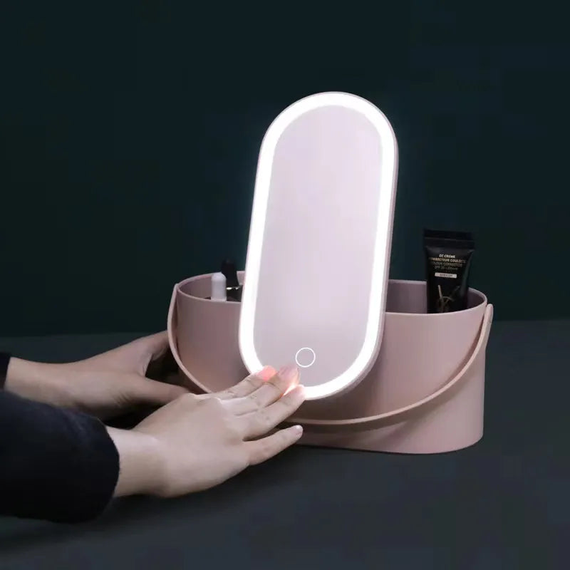 Makeup Organizer Box With Led Light Mirror Portable