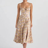 Women Summer Boho Spaghetti Straps Split Thigh Midi