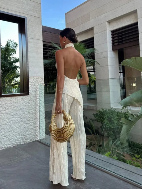 Fashion Solid Halter Beveled Irregular Top Pants Suit