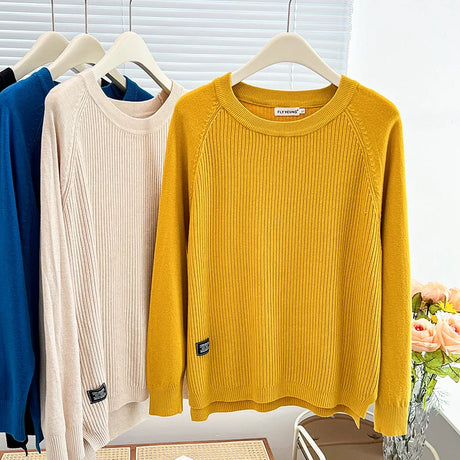 Simple Label Hem Slit Knit Sweater Womens Autumn