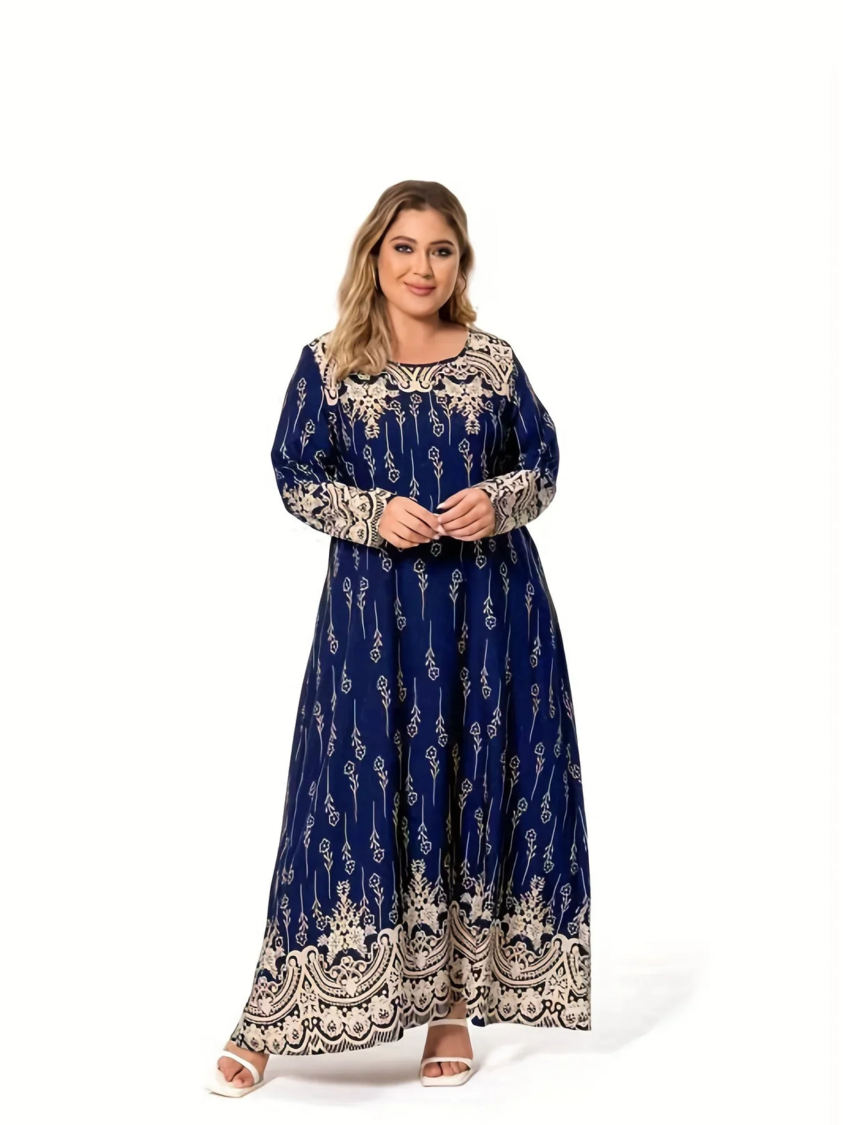 Plus Size Ethnic Print Long Dress - Spring & Summer Round Neck