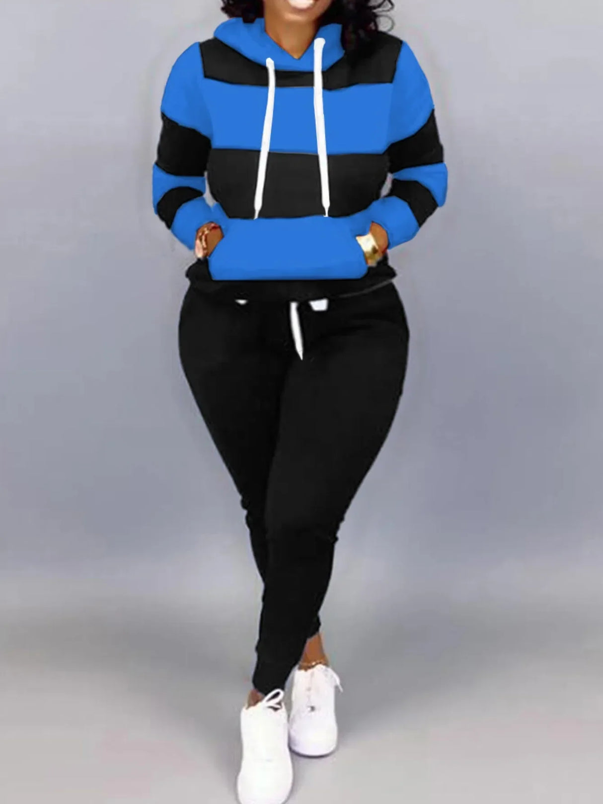 Lw Striped Drawstring Tracksuit Set Autumn Women Hoodie