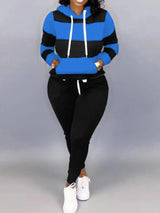 Lw Striped Drawstring Tracksuit Set Autumn Women Hoodie